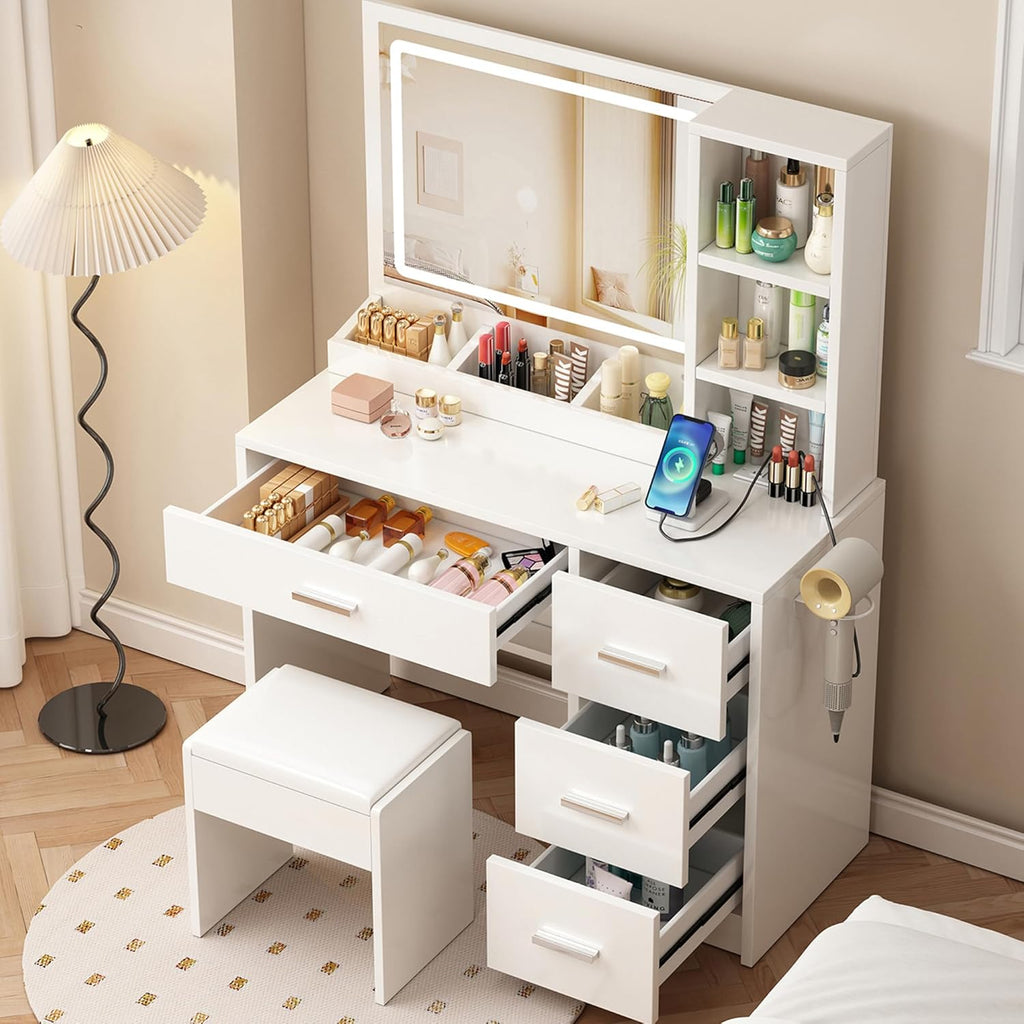 Vanity Desk with Mirror and Lights, 4 Drawers & Benches Vanity Desk Set, 3 Color Lighting Modes Adjustable Brightness