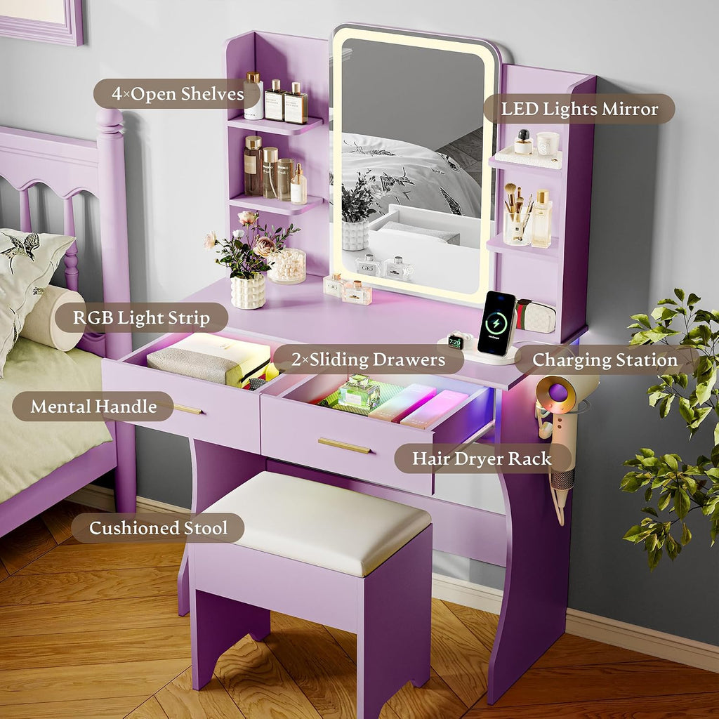 Makeup Vanity Desk with LED Lights and Mirror, Vanity Table Set with Charging Station&Cushioned Stool, 3 Lighting