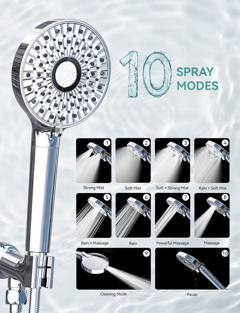 Filtered Shower Head with Handheld, High Pressure 10-Spd Detachable Chrome Showerhead with Stainless Hose