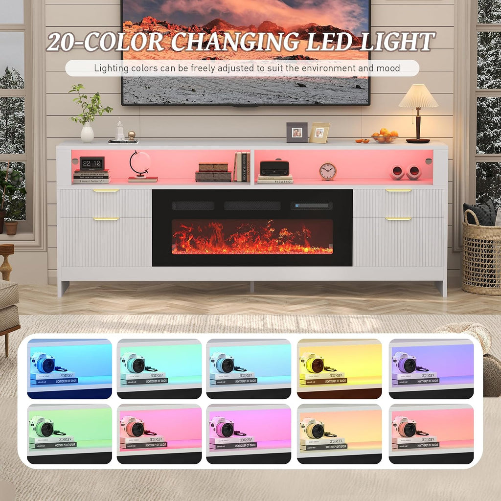 Fireplace TV Stand with 36" Fireplace Up to 80" TVs, 70" Entertainment Center with LED Lights, Storage Cabinets