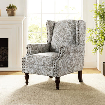 Wingback Accent Chair with Floral Pattern Design, Traditional Fabric Armchair with Nailhead Trim and Retro Wooden