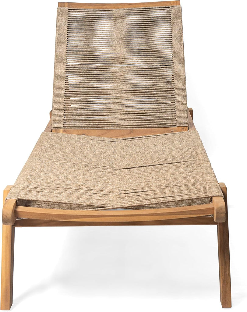Set of 4 Outdoor Patio Wood Adjustable Chaise Lounges with Rope Seating, Rope Chaise Lounge with Acacia Wood