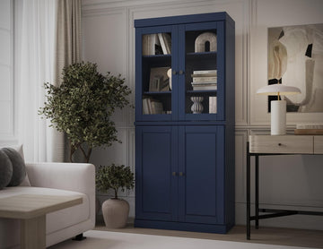 Solid Wood Bookcase - 6-Tier Bookshelf, 71.5" H x 32" W - Navy Blue, Clear Glass Doors & Storage Cabinet, Tall