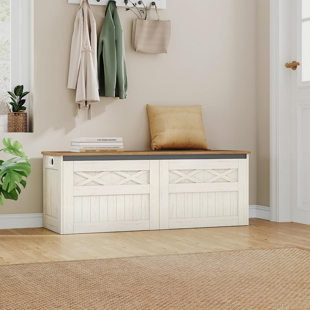 47" Storage Bench, Lift Top,210L/55 Gal Large Storage Chest | | 330lb Load Capacity, Retro White, Farmhouse Style