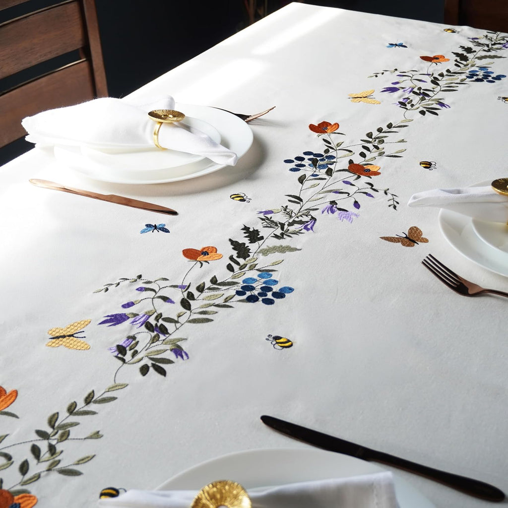 Embroidered Cotton Tablecloth 60 x 90 Inch Rectangle - Washable & Colorfast Table Cover, Farmhouse, 