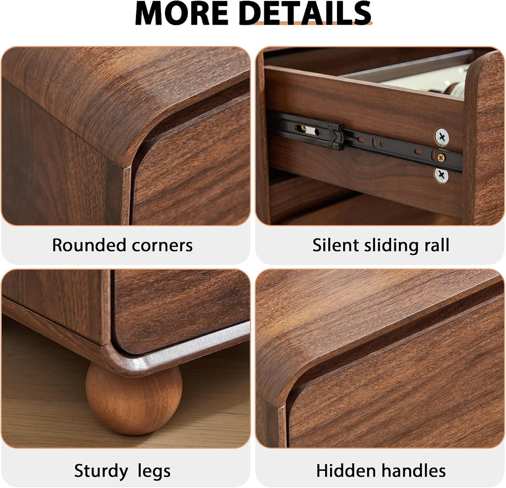 Wooden Night Stand wth 3 Drawer Dresser Mid Century Modern End Table Chest of Drawers, Solid Wood Legs & Curved