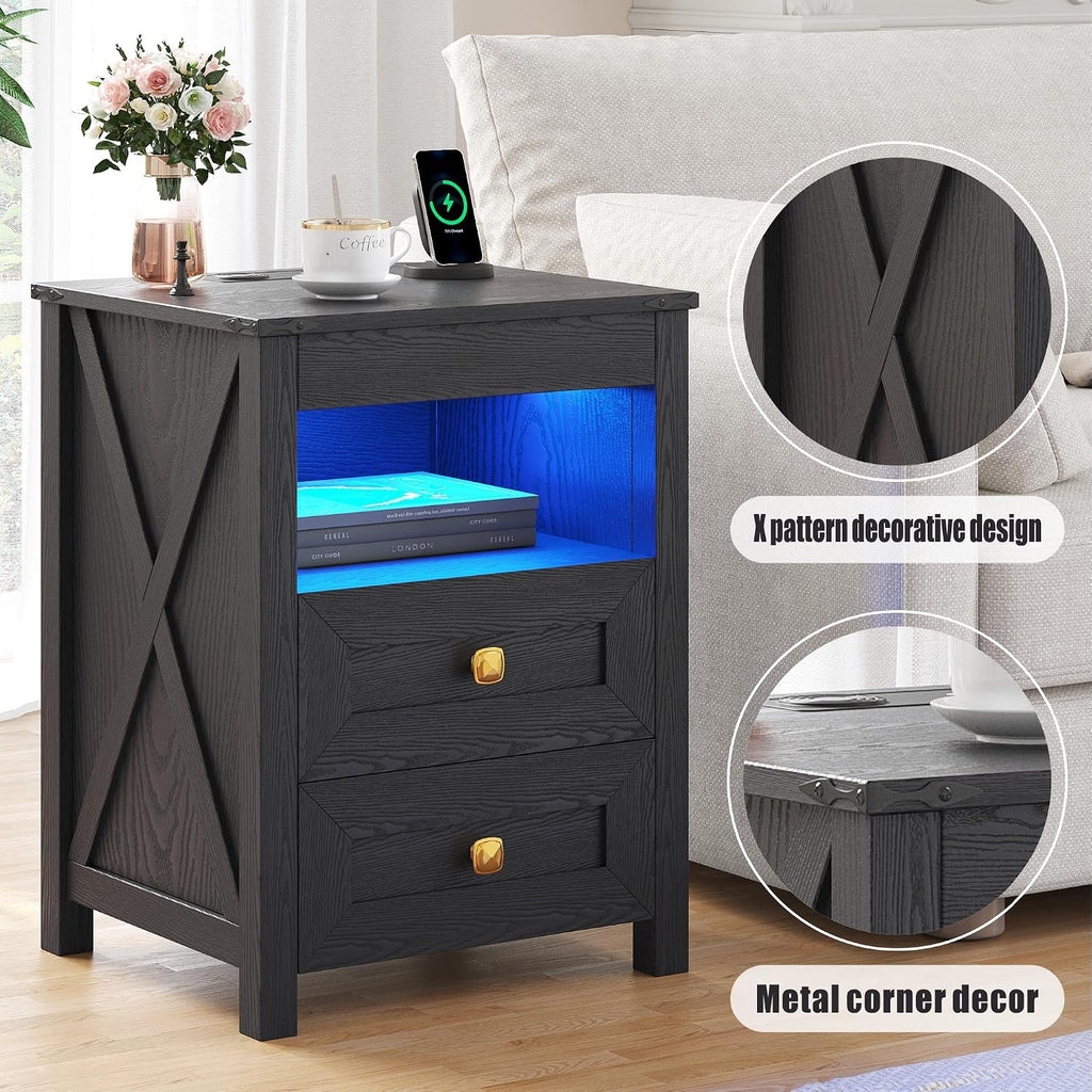 Farmhouse LED Nightstand with Gun Drawer&Invisible Lock,Modern Bedside Table with Human Sensor Design,Rustic Side