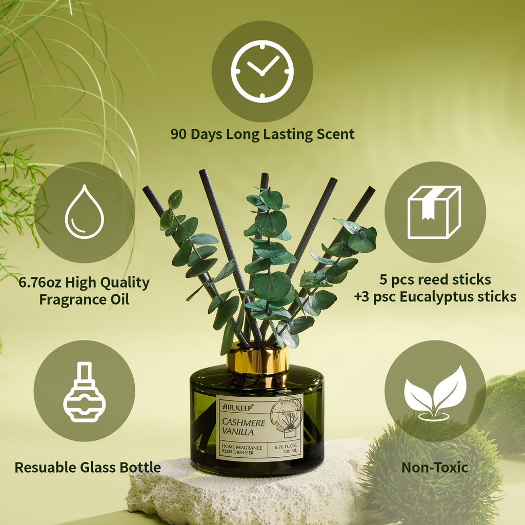 Reed Diffuser Set with 6.76 fl oz Cashmere Vanilla Scent Essential Oils and 3 Leaves & 8 Diffuser Sticks, Bathroom
