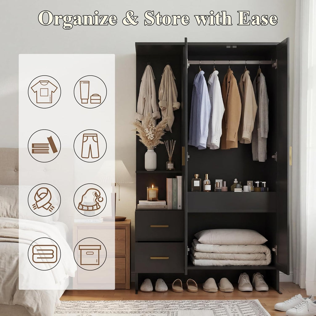 Modern Wardrobe Closet with 2 Doors & 2 Drawers, 67.8" Tall Armoire Wardrobe with Open Shelves, Freestanding Wardrobe