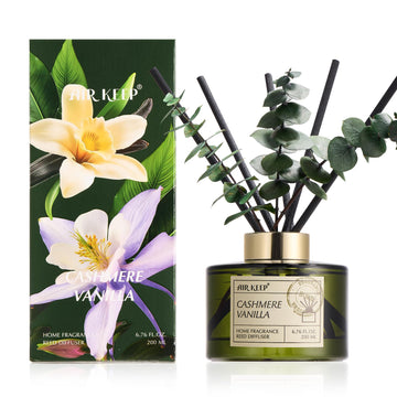 Reed Diffuser Set with 6.76 fl oz Cashmere Vanilla Scent Essential Oils and 3 Leaves & 8 Diffuser Sticks, Bathroom