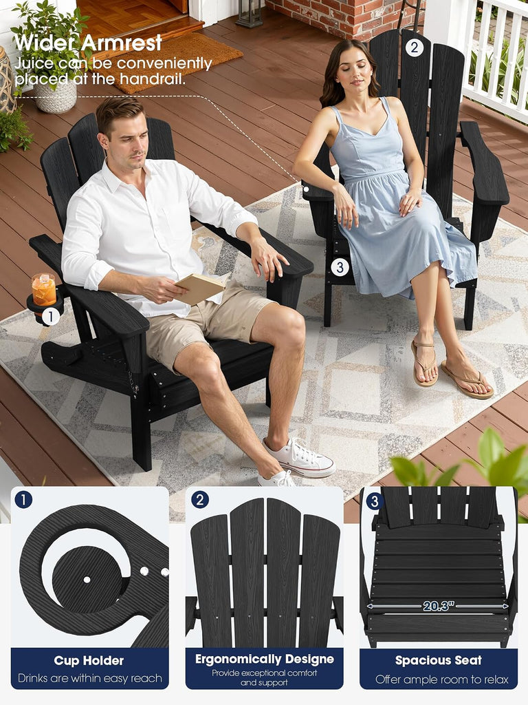 Folding Adirondack Chair, All-Weather HDPE Material, Black, 8 Pack | Wooden Textured Lawn Chair Patio Chairs for
