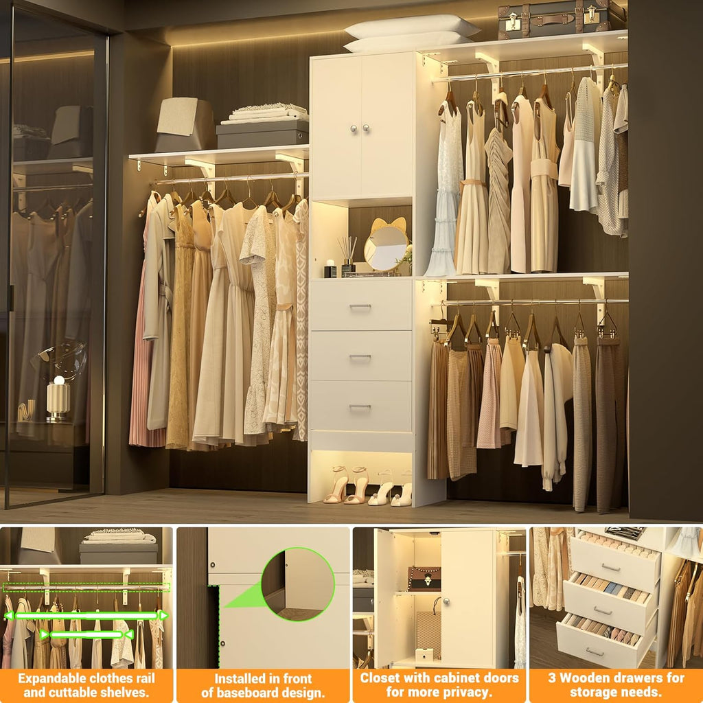 96 Inches Closet System with Doors, 8FT Walk In Closet Organizer with 3 Shelving Towers, Heavy Duty Clothes Garment