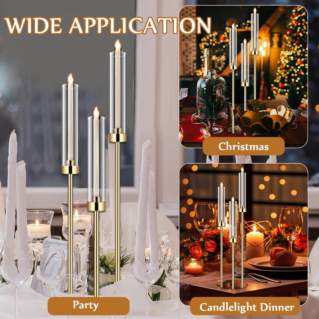 6 Set Wedding Gold Candelabra Centerpieces for Tables, 3 Arm Tall Acrylic Candle Holder Centerpiece with Clear Shades