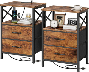 Nightstands Set of 2, Night Stand with Charger Station, 2 Drawer Side Table with Open Shelf, USB-C Port, End Table