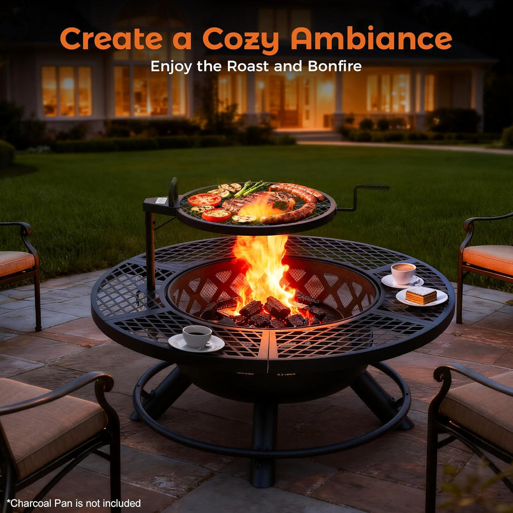 Fire Pit with Poker, 40 inch Outdoor Fire Pit Patio, Wood Burning Firepits for Outside with Grill