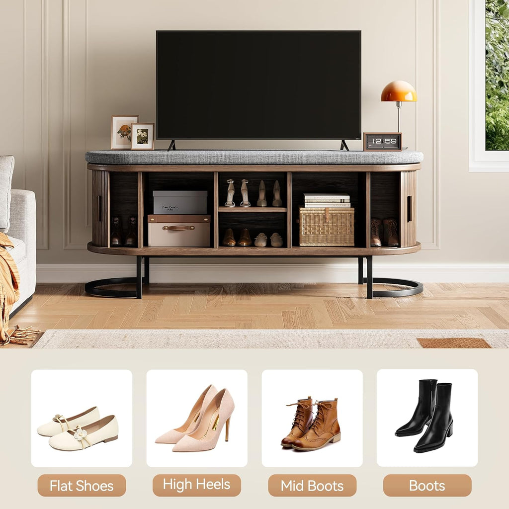 Shoe Storage Bench with Cushion and Sliding Doors, 47.2 Inch Shoe Bench with Storage, Freestanding Entryway Bench
