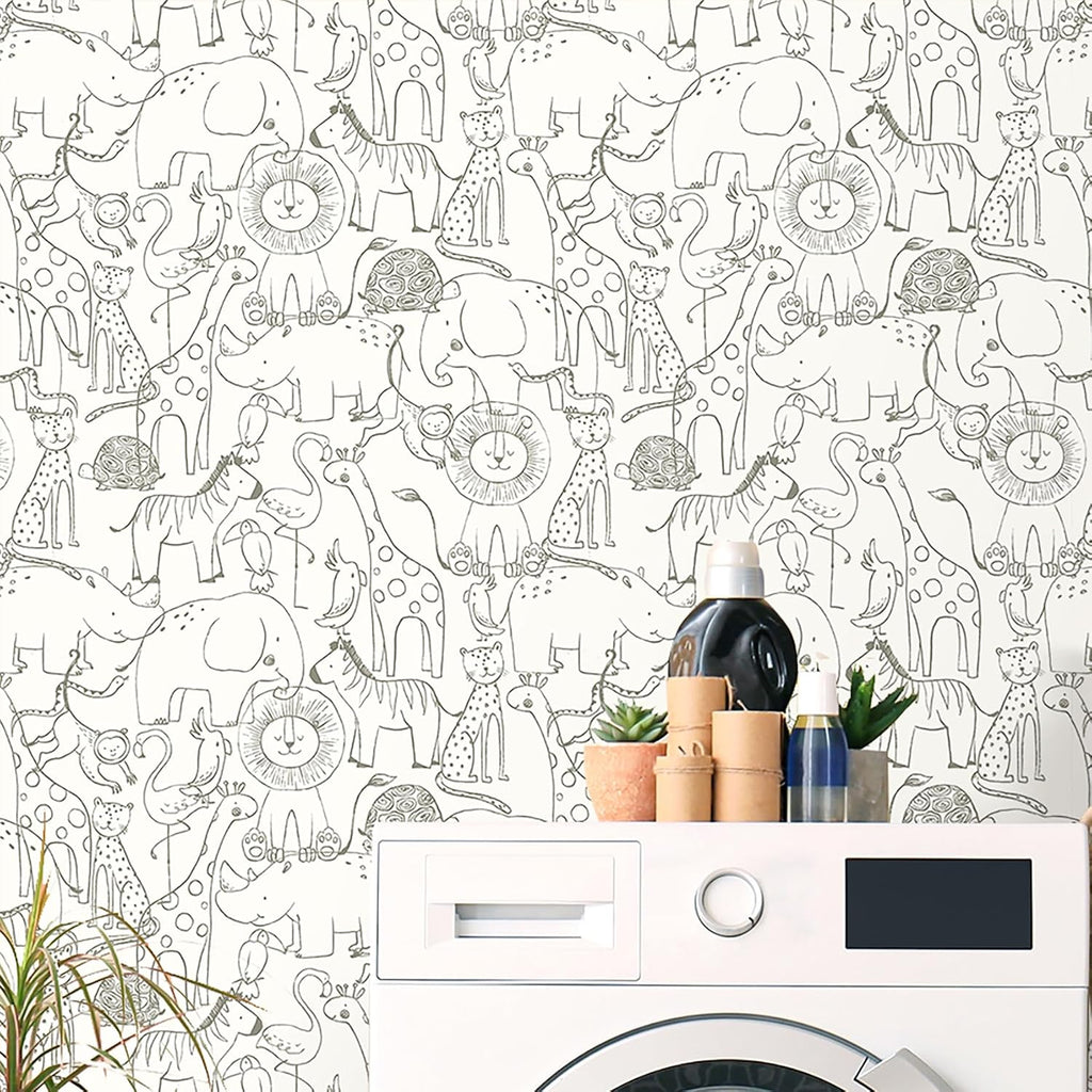 17.5x276 Neutral Animal Peel and Stick Wallpaper Fun Kids Wallpaper Playroom Accent Wall Covering Baby Girl Nursery