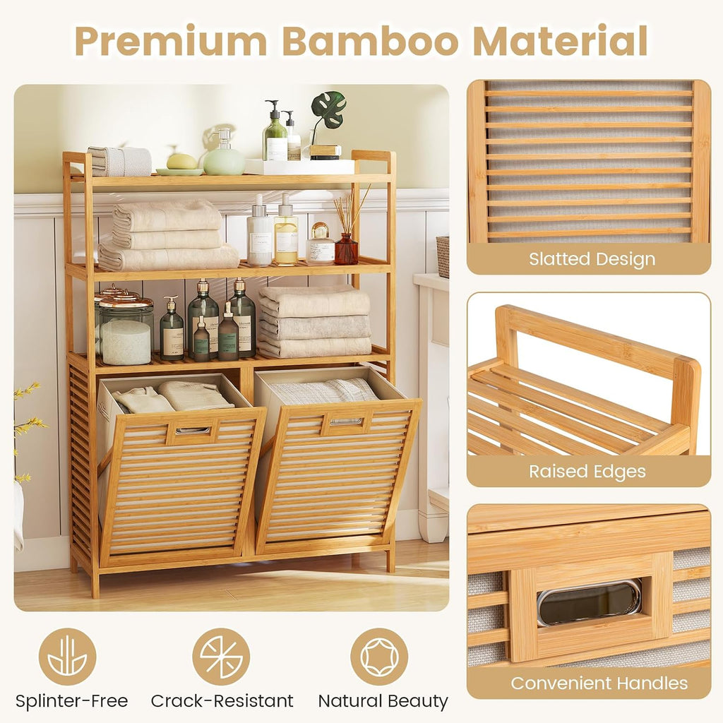 Double Tilt Out Laundry Hamper with 3-Tier Storage Shelf | 14 Gal Bamboo Laundry Storage Cabinet w/Removable Laundry