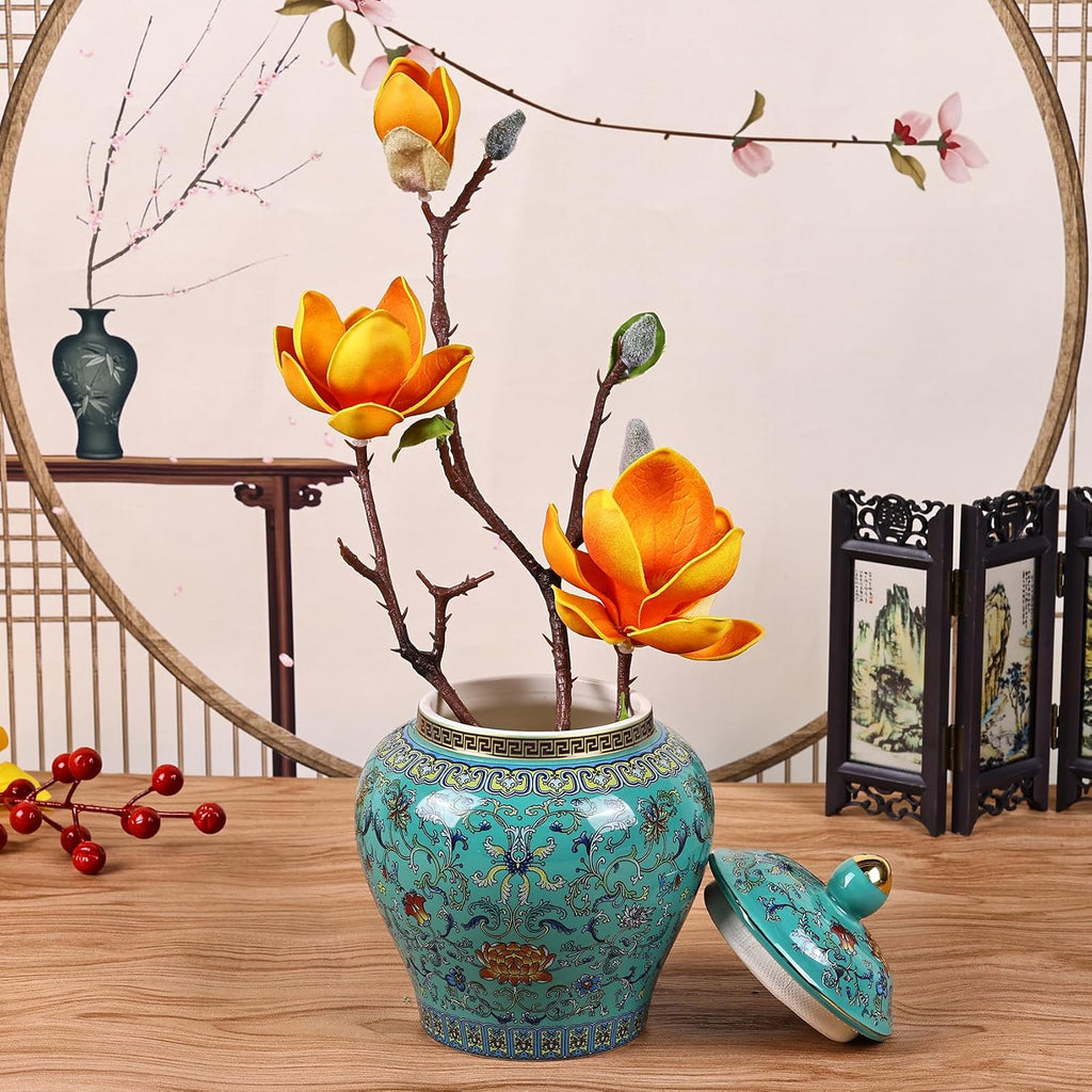 Handcrafted Enamel Ginger Jar-Vibrantly Colored Chinoiserie Vase,Blue and White Porcelain Ceramic Decorative Jar