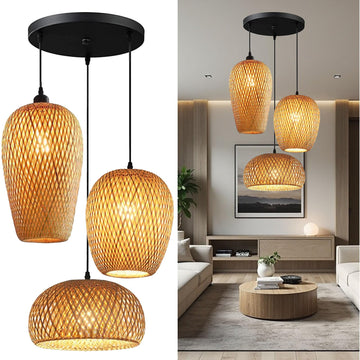 Bamboo Lantern Pendant Lamp, Retro Japanese Style E27 Chandelier Hanging Light Ceiling Lighting Fixture Bedroom