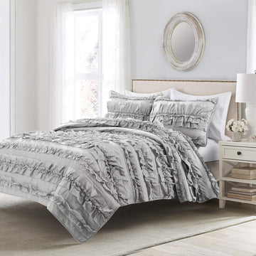 Belle Quilt 3 Piece Set Light Grey - Ruffle Bedding Set - Cute Quilt - Coquette Decor