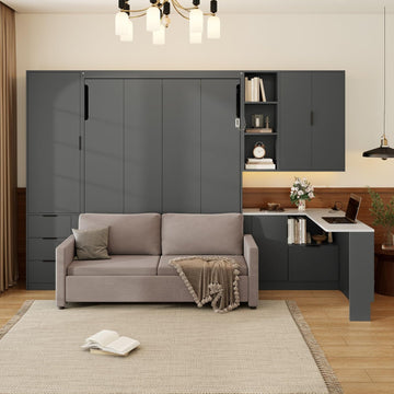 Wall Murphy Bed Queen with Drawers, LED Lights, Desk, USB Ports and Green Sofa for Bedroom, Black