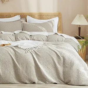 PHF Waffle Duvet Cover Set Queen, Ultra Soft & Breathable, 90"x90", Linen