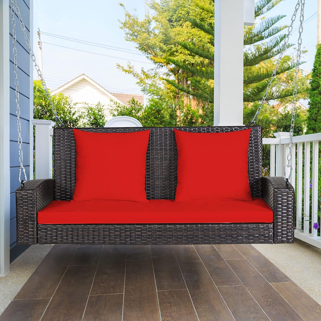 2-Person Wicker Porch Swing, Patiojoy Outdoor Rattan Hanging Swing Bench W/ 2 Back Cushions & 1 Seat Cushion, Sturdy