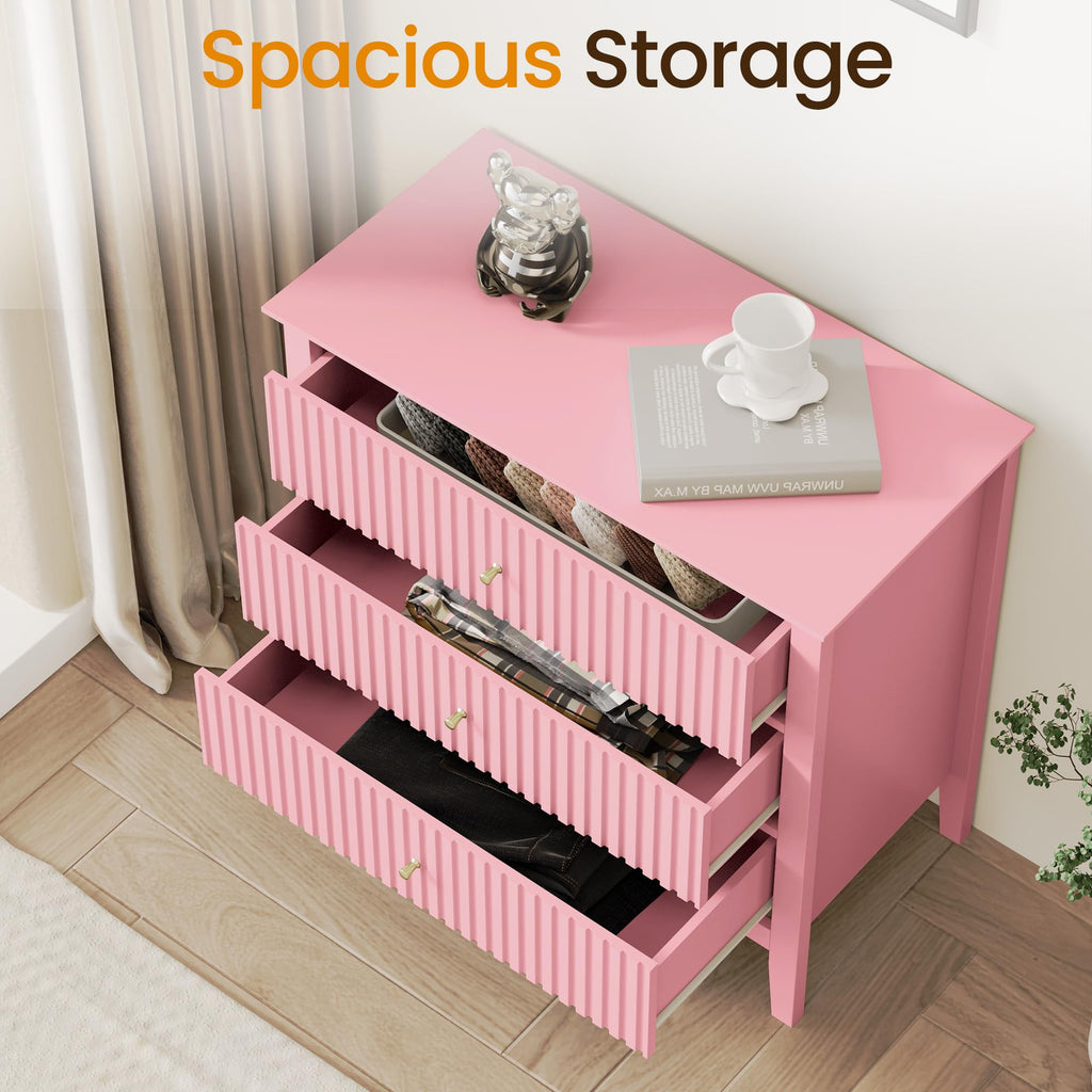 Fluted 3 Drawer Dresser Set of 2, Pink