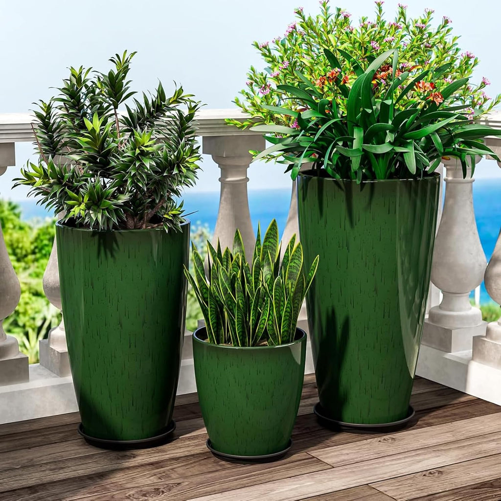 24,21,11 inch Large Planters with Drainage Hole & Saucer, Set of 3 Plant Pots Tall Planter for Indoor & Outdoor