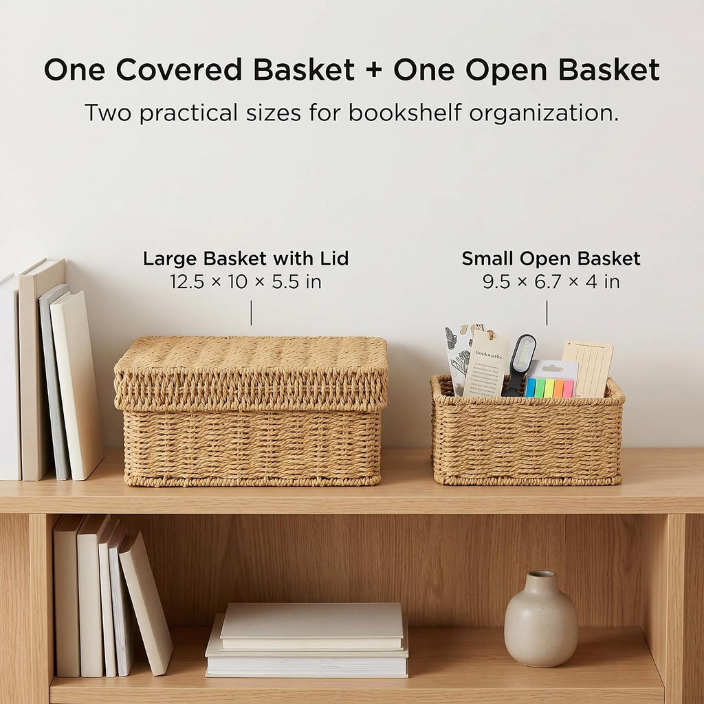 Wicker Storage Basket with Lid for Shelves, Set of 2, Natural | One rectangular wicker basket with lid and one open