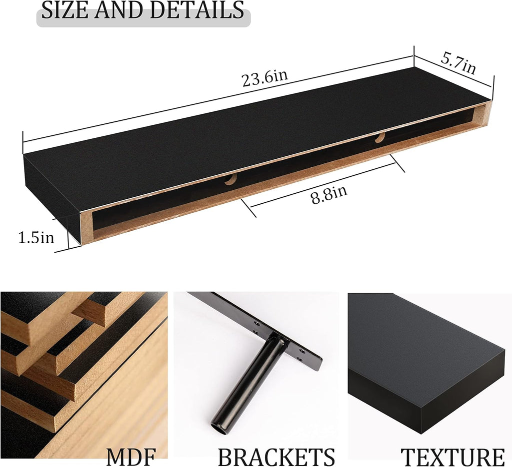 Floating Wall Shelves 24 x 6 Inch - Easy-Install Hanging Shelves with Hardware Included | Modern Decor Shelf Storage