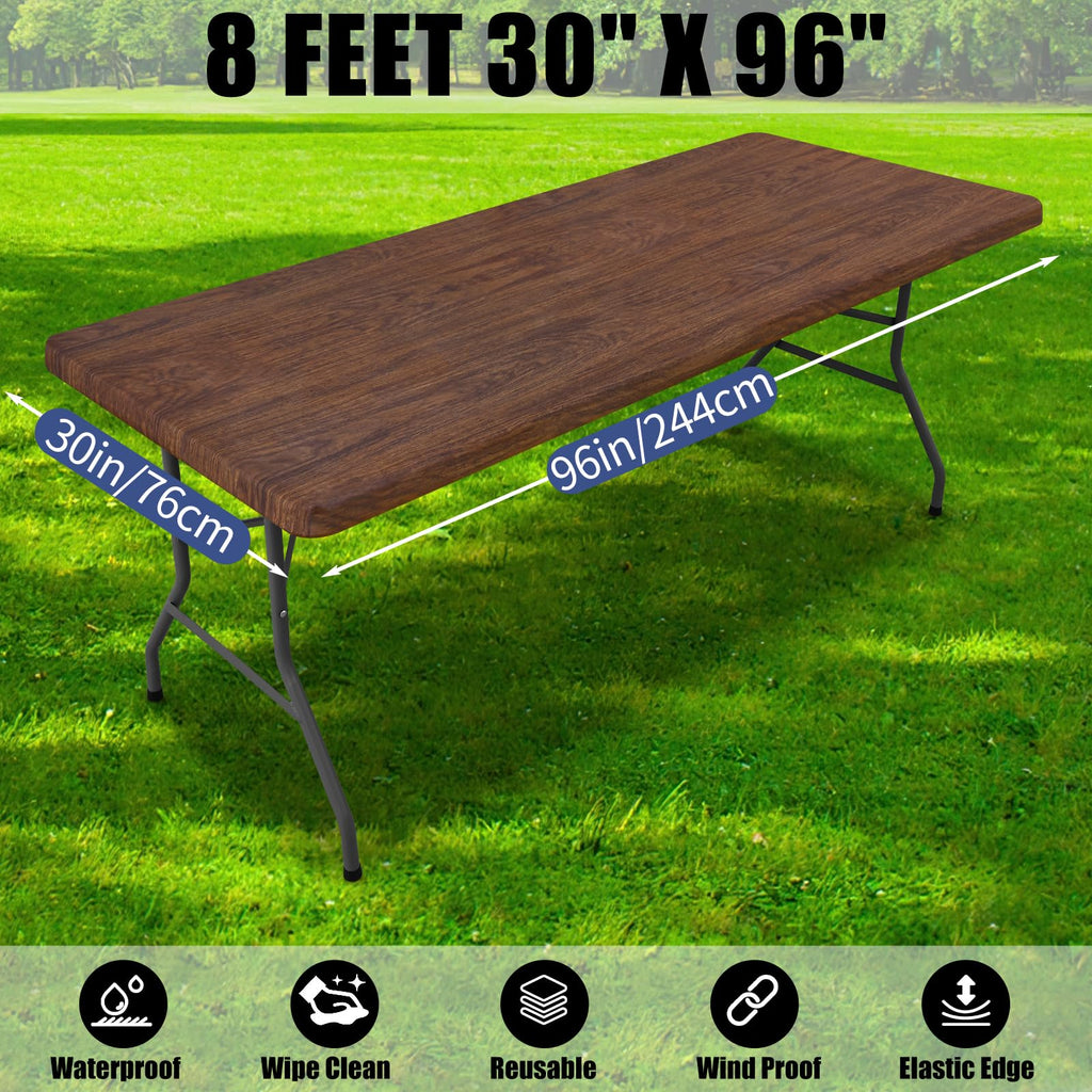 2 Pack Rectangle Table Cloth 8 Foot, Waterproof Elastic Fitted Tablecloths, Windproof Washable Polyester Table Cover