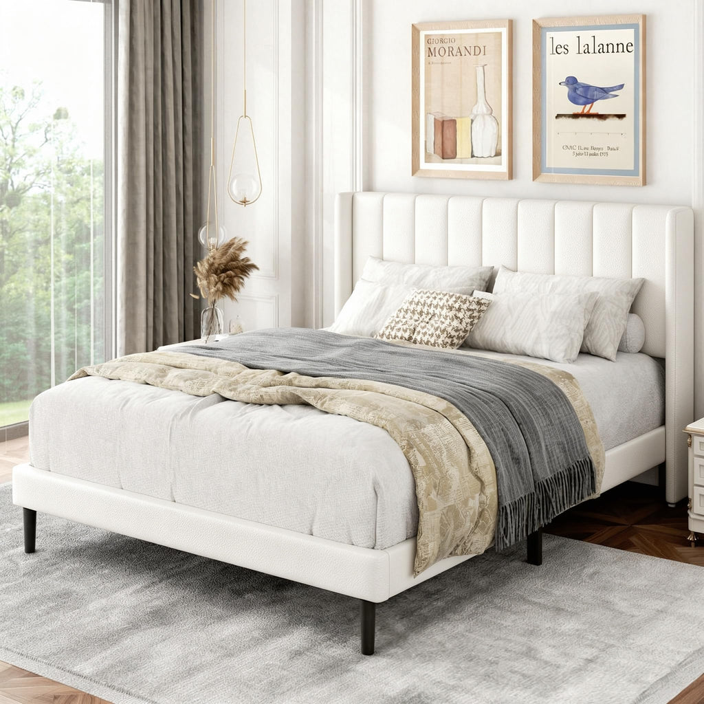 Full Size Bed Frame with Upholstered Wingback Headboard, Easy Assemnly Platform Bed, Wooden Slat Support No Box