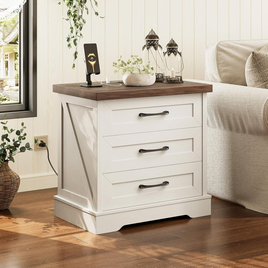 Farmhouse Nightstand with Charging Station, 24 Inch Bedside Tabe with 3 Drawers, Rustic End Table with USB and Outlet
