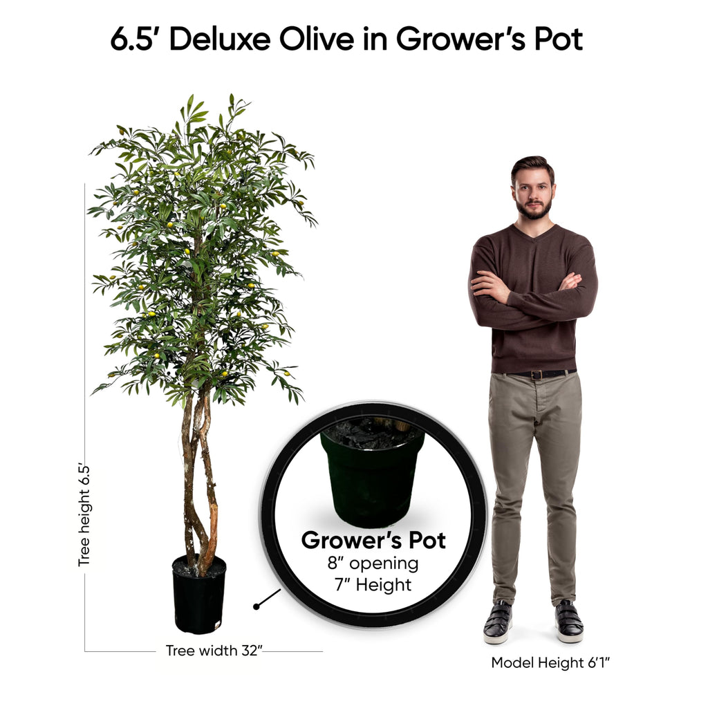 Handmade 6.5ft Mediterranean Olive Artificial Tree with Ethically Sourced Real Wood Trunks, Hypoallergenic, 6.5-Foot