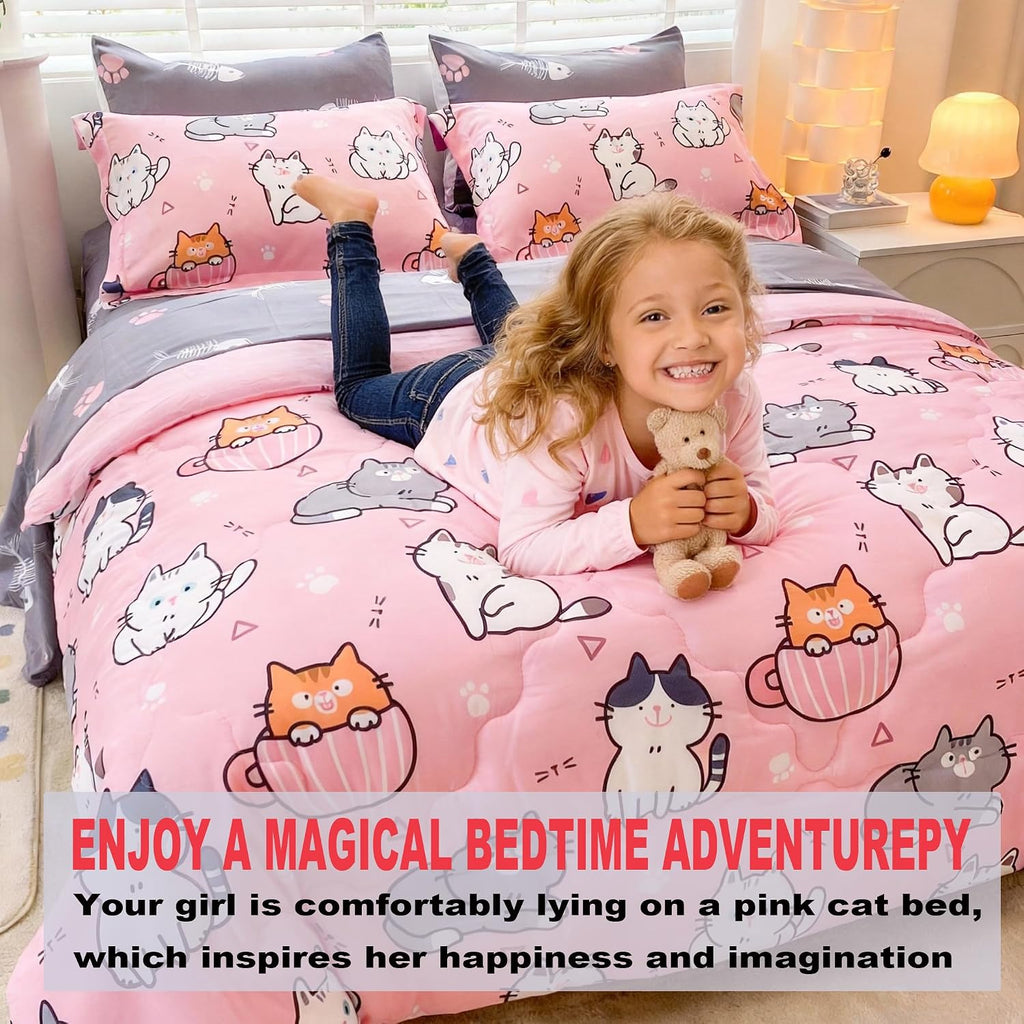 7 Piece Girls Cats Bedding Comforter Set Twin for Kids Bed in A Bag Pink Cute Cartoon Pet Cat Bedding Set for Boys
