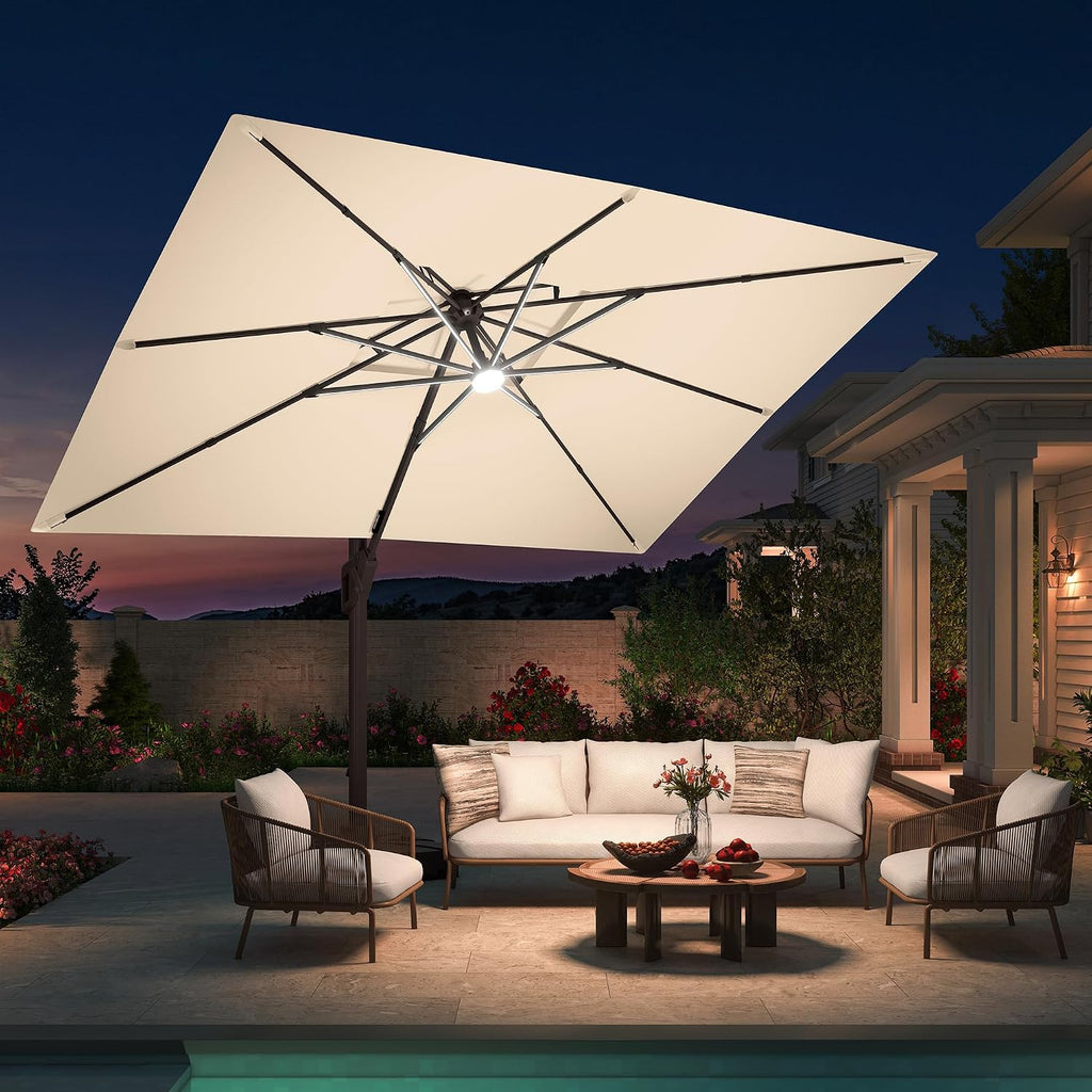 10 X 13 FT Cantilever Patio Umbrella with Base Included & Led Lights Outdoor Rectangle Offset Large Double Top Heavy - B