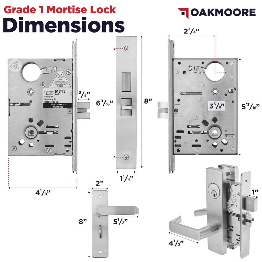 Grade 1 Commercial Mortise Lock Set, F13 Dormitory/Exit Function, Escutcheon Panel Trim, Satin Stainless Steel