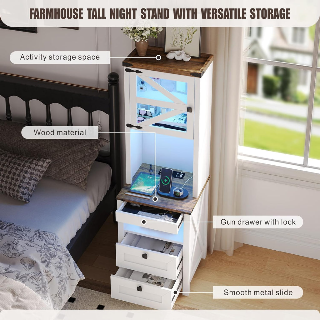 Tall Nightstand with Gun Drawer, LED Lights&Charging Station, Farmhouse | Adjustable Shelves, USB & Type-C Charging