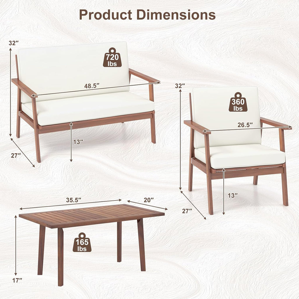 4 Piece Outdoor Conversation Set, Acacia Wood Sofa Set with Soft Seat & Back Cushions, Rectangle Coffee Table Patio