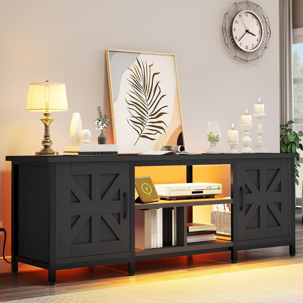 TV Stand with LED Lights & Charging Station, Farmhouse Entertainment Center with Storage Cabinets & Shelves