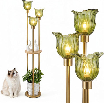 Modern Gold Floor Lamp with 3 Crystal Shades and Shelves, 3-Light Standing Lamp with Foot Switch, FW