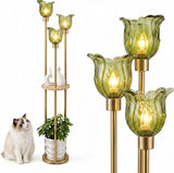 Modern Gold Floor Lamp with 3 Crystal Shades and Shelves, 3-Light Standing Lamp with Foot Switch, FW
