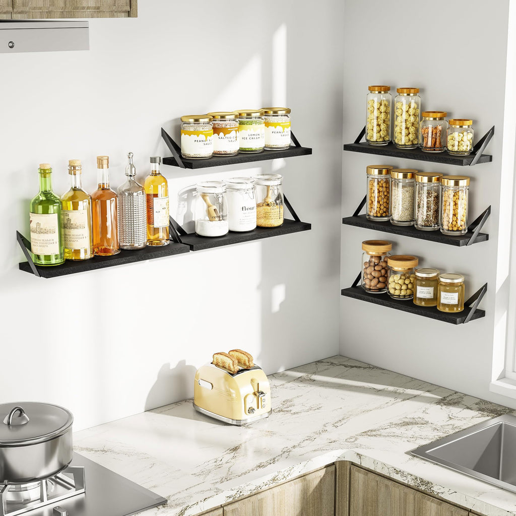 Black Floating Shelves, 6-Piece Set Wood Wall Storage Unit