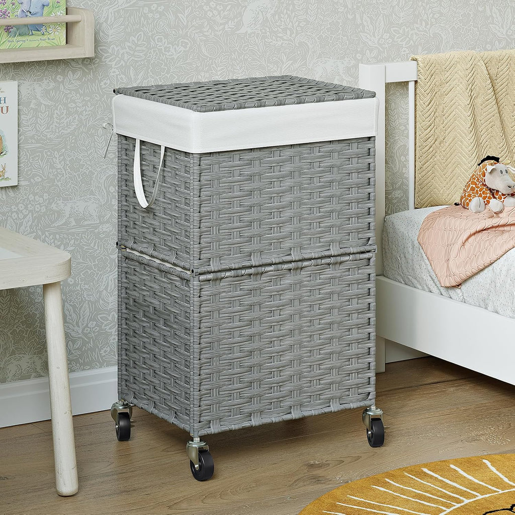 Wicker Laundry Basket with Wheels,Rolling Laundry Hamper with Lid | 90L Slim Clothes Hamper with Wheels & Removable