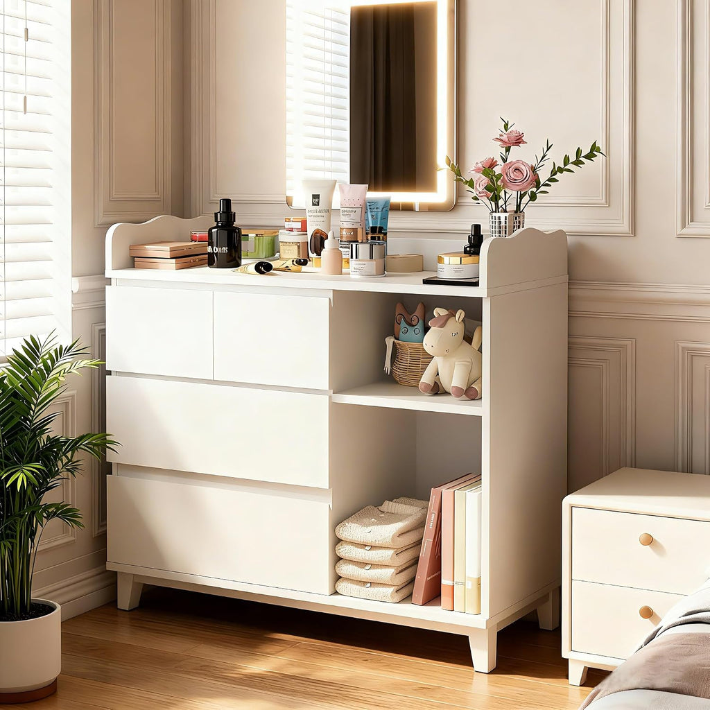 Baby Changing Table Top, Multi-Functional Nursery Changing Table, 4 Drawers with 2 Open Shelves, Bedroom, White
