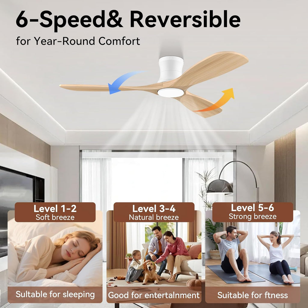 52” Wood Smart Flush Mount Ceiling Fans with Lights and Remote,Quiet DC Motor