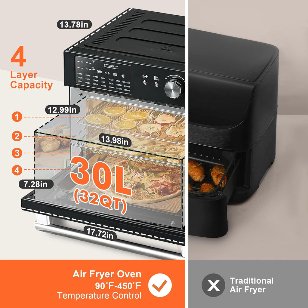 32QT Extra Large Air Fryer Toaster Oven Combo, 21-in-1 Countertop Convection Toaster Oven with Rotisserie and Dehydrate, 6 Accessories, 1800W Dual Cook Preset (Black)