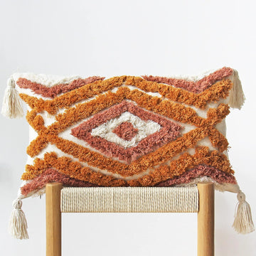 Boho Lumbar Throw Pillow Covers with Handmade Tassels Decorative Woven Tufted Orange Lumbar Pillowcase
